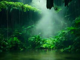 Monsoon rain forest with podium background AI Generative photo