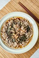 Korean food Naengmemilguksu, a winter delicacy, this buckwheat noodle dish is served in a cold chicken- or beef-based broth and topped with cold slices of beef and egg as a garnish. photo