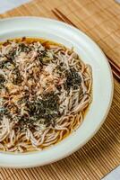 Korean food Naengmemilguksu, a winter delicacy, this buckwheat noodle dish is served in a cold chicken- or beef-based broth and topped with cold slices of beef and egg as a garnish. photo