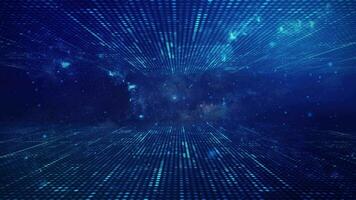A glowing blue grid network of blinking digital data lights and floating particles. Connectivity and connections concept technology motion background animation. video