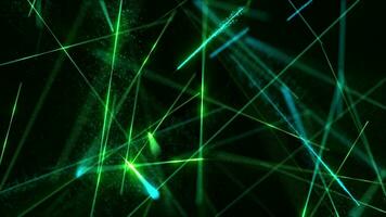 raggiante verde e blu laser travi movimento sfondo con brillante che esplode particelle e lampeggiante veloce in movimento laser. Questo scienza e tecnologia sfondo animazione è pieno HD e un' senza soluzione di continuità ciclo continuo. video
