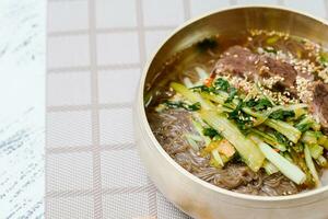 yeolmunaengmyeon, coreano estilo alforfón tallarines con jovenverano rábano kimchi, esta plato caracteristicas frío tallarines en kimchi sopa ese es hecho por mezcla salado joven rábano foto