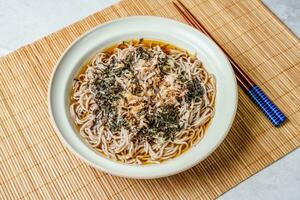 Korean food Naengmemilguksu, a winter delicacy, this buckwheat noodle dish is served in a cold chicken- or beef-based broth and topped with cold slices of beef and egg as a garnish. photo