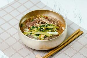Yeolmunaengmyeon, korean style Buckwheat Noodles with YoungSummer Radish Kimchi, This dish features cold noodles in kimchi soup that is made by mixing salted young radish photo