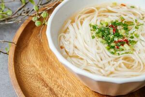 Vietnamese food rice noodle dish in a white bowl photo