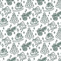 Christmas doodle items in a seamless pattern on a white. Happy Winter Holiday texture. Happy New Year. Doodle outline of decorative design elements in retro style. Printing on packaging vector