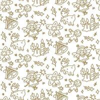A pattern with Christmas doodles on a white background. Seamless pattern of a happy winter holiday. Happy New Year. Draw the contours of decorative design elements in retro style. Printing on package vector