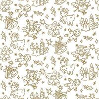 A pattern with Christmas doodles on a white background. Seamless pattern of a happy winter holiday. Happy New Year. Draw the contours of decorative design elements in retro style. Printing on package vector