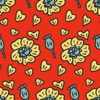 Doodle seamless pattern with yellow poppies, poppy boxes and petals. Summer print for tee, paper, textile and fabric. vector