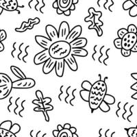 Monochrome seamless pattern with doodle flowers and bees. Summer print for tee, paper, textile and fabric. vector