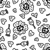 Monochrome seamless pattern with doodle poppy flowers and boxes. Floral print for tee, paper, textile and fabric. vector