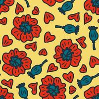 Hand drawn seamless pattern with red poppies, poppy boxes and petals. Summer print for tee, paper, textile and fabric. vector