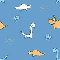 Childish seamless pattern with dinosaurs and rainy clouds. Summer print for tee, paper, textile and fabric. vector