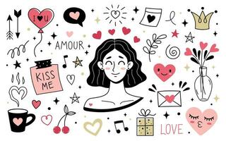 Set of cute love elements. Doodle style. Hand drawn simple vector illustrations. Love collection. Female character fall in love
