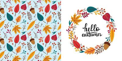 Hand drawn Autumn wreath for designing baby clothes. Postcard with autumn elements and fall seamless pattern. Cartoon Bohemian nursery print. Kids design texture for pajamas. Vector illustration