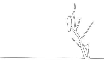 Crow, bird on branch one line continuous vector illustraiton. Line art concept bird banner. Outline, silhouette vector illustration.