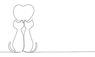 One line continuous cats and heart symbol. Line art love banner concept. Hand drawn, outline vector illustration.