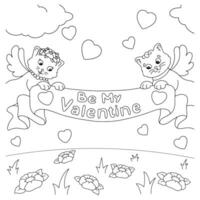 A couple of cats are holding a congratulations ribbon. Coloring book page for kids. Valentine's Day. Cartoon style character. Vector illustration isolated on white background.