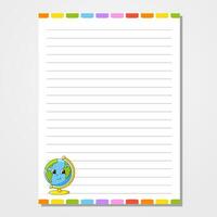 Sheet template for notebook, notepad, diary. Lined paper. Cute character. With a color image. Isolated vector illustration. cartoon style.