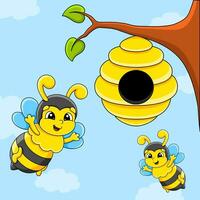 Cartoon character bee. Color background for your design. For wallpapers, covers, postcards, banners. Vector illustration.