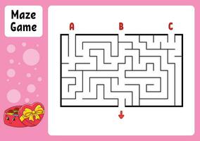 Rectangle maze. Game for kids. Three entrances, one exit. Education worksheet. Puzzle for children. Labyrinth conundrum. Find the right path. cartoon character. Vector illustration.