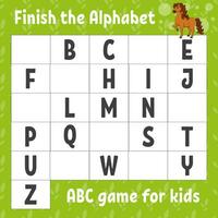 Finish the alphabet. ABC game for kids. Education developing worksheet. Learning game for kids. Color activity page. vector