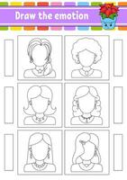 Draw the emotion. Worksheet complete the face. Coloring book for kids. Cheerful character. Vector illustration. Black contour silhouette. Vector illustration.