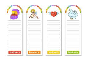 Set of paper bookmarks for books with cute cartoon characters. For kids. Isolated on white background. Vector illustration.