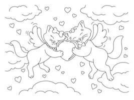 A loving couple of cats with wings. Coloring book page for kids. Cartoon style character. Vector illustration isolated on white background. Valentine's Day.