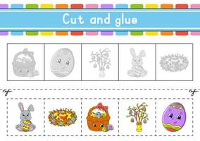 Cut and play. Paper game with glue. Flash cards. Education worksheet. Activity page. Scissors practice. Vector illustration.