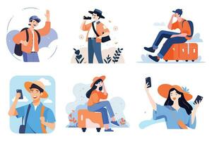 Hand Drawn Tourist is traveling and taking photos happily in flat style vector