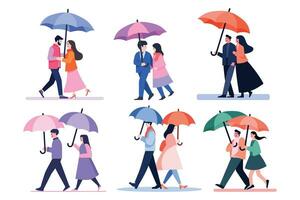 Hand Drawn couple holding umbrellas in the rain in flat style vector