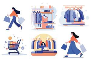 Hand Drawn clothing stores and shops in shopping malls in flat style vector