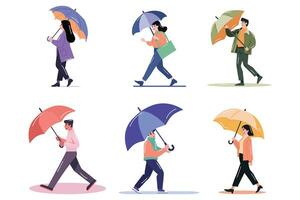 Hand Drawn couple holding umbrellas in the rain in flat style vector