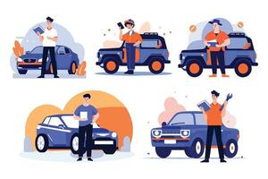 Hand Drawn Car mechanic checking car equipment at the garage in flat style vector