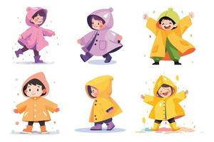 Hand Drawn A child in a raincoat showing a joyful expression that it is raining in flat style vector