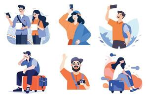 Hand Drawn Tourist is traveling and taking photos happily in flat style vector