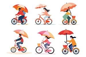 Hand Drawn man riding a bicycle and holding an umbrella in flat style vector