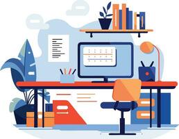 Hand Drawn desk in the office is organized in order in flat style vector