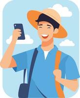 Hand Drawn Tourist is traveling and taking photos happily in flat style vector