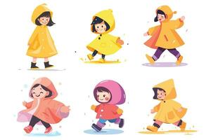 Hand Drawn A child in a raincoat showing a joyful expression that it is raining in flat style vector