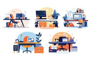 Hand Drawn desk in the office is organized in order in flat style vector