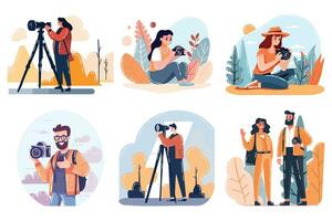 Hand Drawn Tourist is traveling and taking photos happily in flat style vector