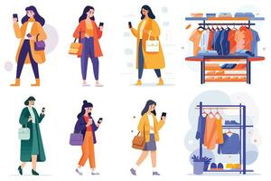 Hand Drawn happy Woman holding shopping bags and walking in shopping mall in flat style vector