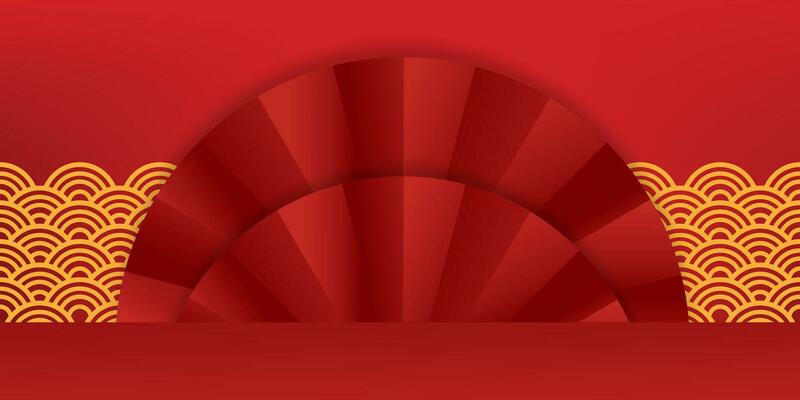 Happy Chinese New Year banner template,Studio background with red paper cut fan on wall background,Vector studio backdrop scene,Banner Display Podium for Christmas,Mid Autumn Festival