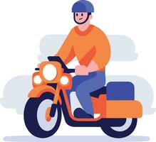 mano dibujado motorista es montando motocicleta con divertido en plano estilo vector