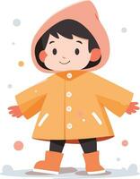 Hand Drawn A child in a raincoat showing a joyful expression that it is raining in flat style vector