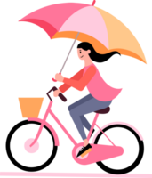mano dibujado hermosa mujer montando un bicicleta y participación un paraguas en plano estilo png