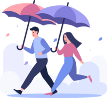 Hand Drawn couple holding umbrellas in the rain in flat style png