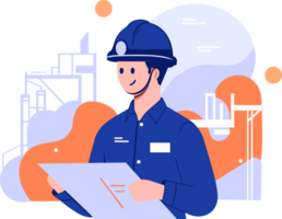 Hand Drawn Engineer or architect with house under construction in flat style png